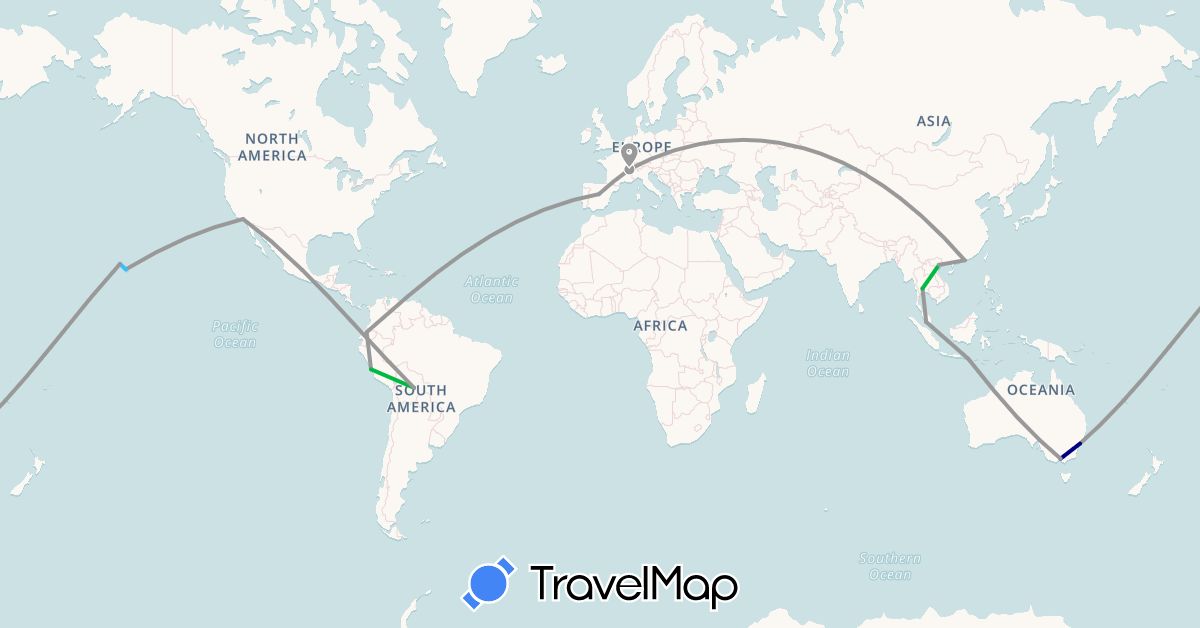 TravelMap itinerary: driving, bus, plane, boat in Australia, Bolivia, Switzerland, Ecuador, Spain, Hong Kong, Indonesia, Mexico, Malaysia, Peru, Thailand, United States, Vietnam (Asia, Europe, North America, Oceania, South America)